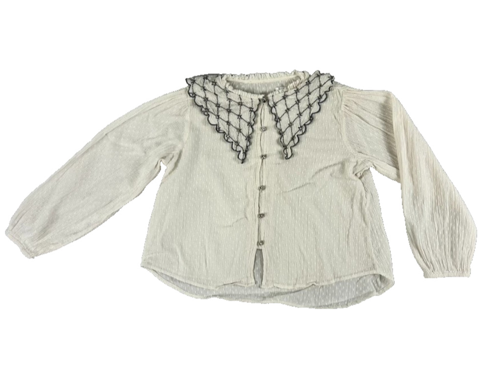 Zara Girls Size 7 Cream Colored Blouse With Embroidered Collar Long Sleeve